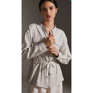 Maeve Linen Cotton Aviator Zip Jacket L Cinched Waist Utility Drawstring